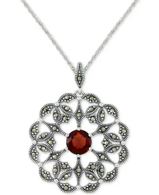 Rhodolite Garnet (2 ct. t.w.) & Marcasite Flower 18" Pendant Necklace in Sterling Silver
