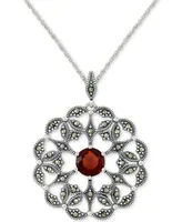 Rhodolite Garnet (2 ct. t.w.) & Marcasite Flower 18" Pendant Necklace in Sterling Silver