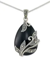 Onyx (16 x 22 x 5mm) & Marcasite Teardrop 18" Pendant Necklace in Sterling Silver