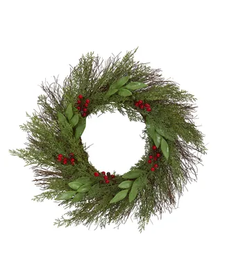 Nearly Natural 20" Cedar and Ruscus with Berries Artificial Wreath