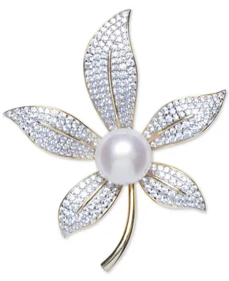 Cultured Freshwater Pearl (10mm) & Cubic Zirconia Lily Pin in Sterling Silver & 18k Gold-Plate