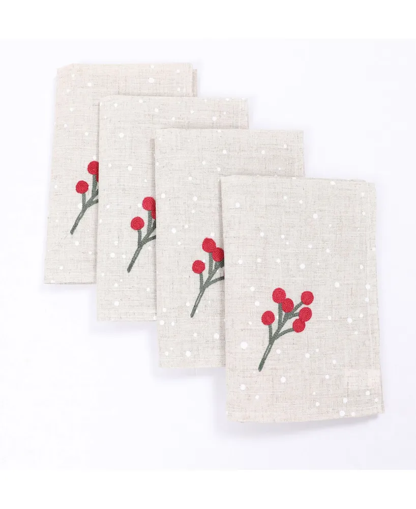 Manor Luxe Holly Berry Branch Crewel Embroidered Christmas Napkins, 20" x 20", Set of 4