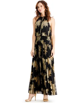 Msk Petite Pleated Gold-Print Gown