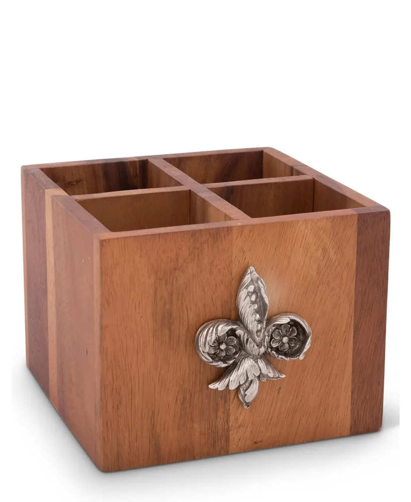 Vagabond House Square Caddy Acacia Wood Flatware, Serve Ware, Utensil, Carry-All Holder with Solid Pewter Fleur De Lis Accent, 4 Compartments