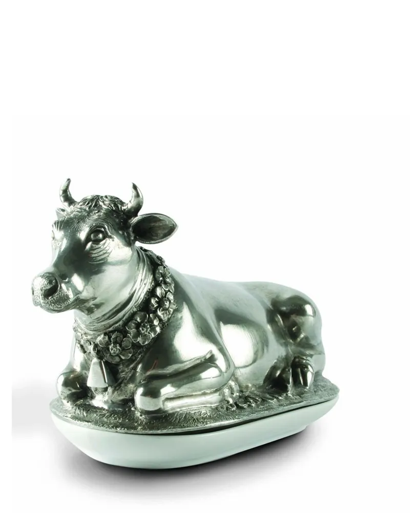 Vagabond House Pewter Metal Mabel The Cow Butter Cream Cheese Dish Lid with Stoneware Tray Base