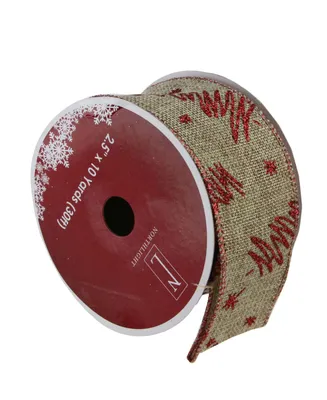 Northlight Red Tree and Beige Burlap Wired Christmas Craft Ribbon 2.5" x 10 Yards