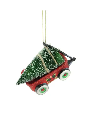 Northlight 4.5" Red Green and Black Glittered Glass Wagon with Tree Christmas Ornament