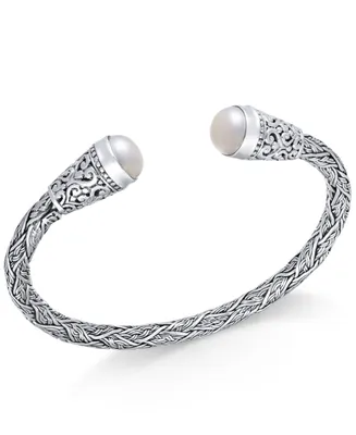 Cultured Freshwater Pearl (10mm) Filigree Cuff Bangle Bracelet in Sterling Silver