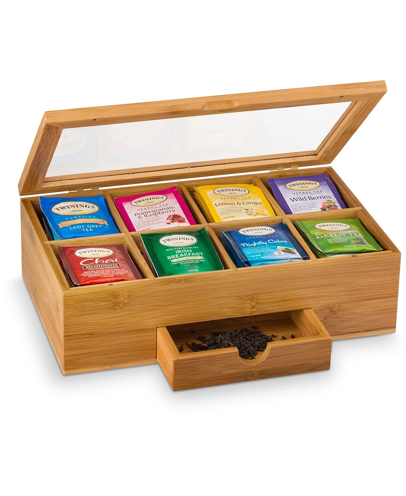 Bambusi Bamboo Tea Bag Organizer - Tea Organizer: Wooden Tea Box with 8 Compartments, Acrylic Window, and Magnetic Lid, Keeps Tea Bags Fresh