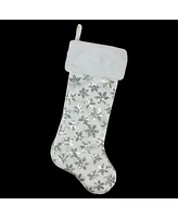 Northlight 19" White and Silver Sequin Snowflake Christmas Stocking with Faux Fur Cuff