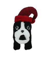 Northlight 11.5" Black and White Plush Standing Bulldog with Red Hat Christmas Decoration