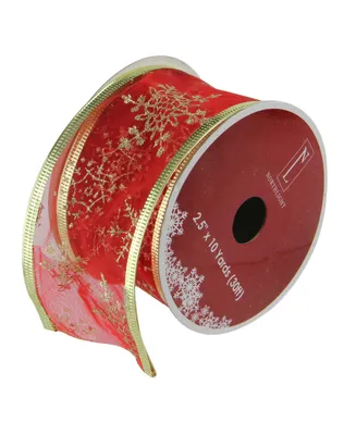 Northlight Cranberry Red and Gold Glitter Snowflakes Wired Christmas Craft Ribbon 2.5" x 10 Yards