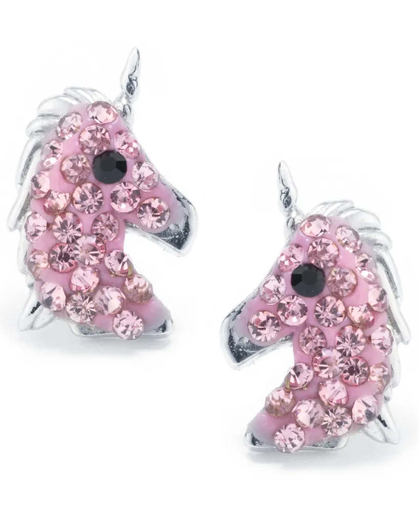 Pink Pave Crystal Unicorn Stud Earrings set in Sterling Silver