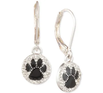 Pet Friends Jewelry Silver-Tone Black Paw Pave Drop Earrings