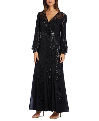 R & M Richards Sequined Blouson-Sleeve Gown