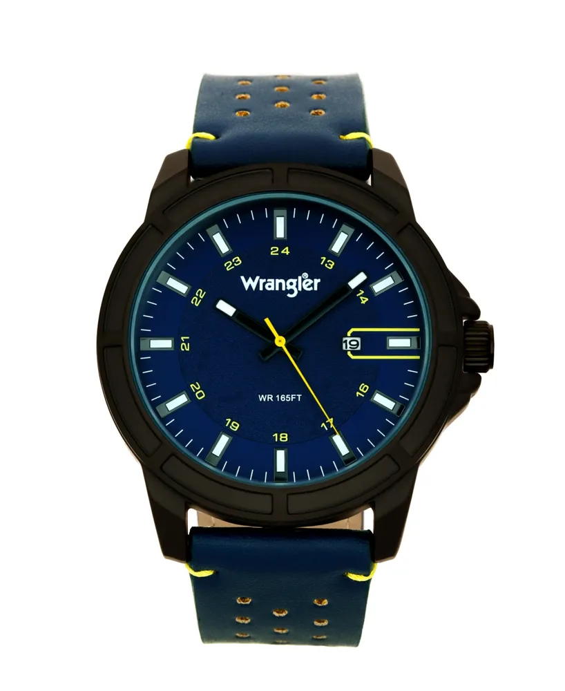 Wrangler Men's, 48MM Ip Black Case, Blue Dial, White Index Markers, Sand Satin Dial, Analog, Date Function, Yellow Second Hand, Blue Strap with Yellow