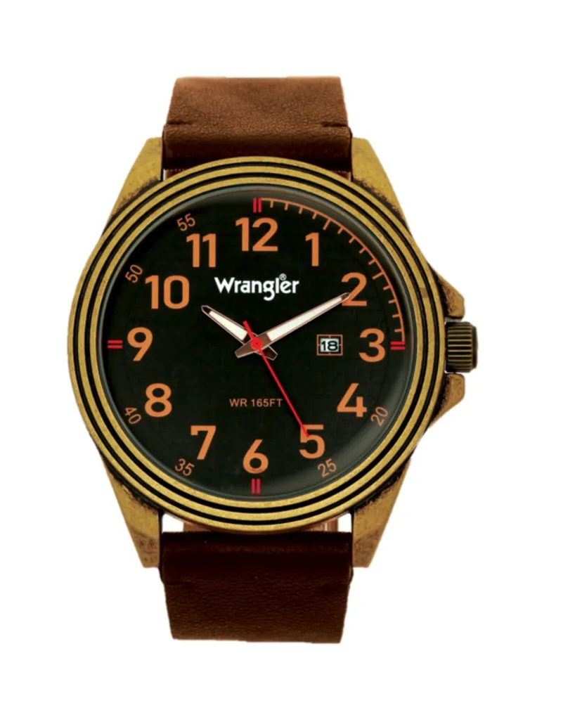 Wrangler Men's Watch, 48MM Antique Brass Case, Black Dial with Bronze  Arabic Numerals, Brown Strap, Analog Watch, Red Second Hand, Date Function  - Macy's