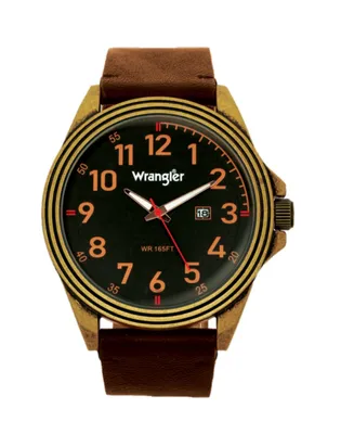 Wrangler Men's, 48MM Antique Brass Case, Black Dial, Bronze Arabic Numerals, Black Strap, Analog Watch with Red Second Hand, Date Function