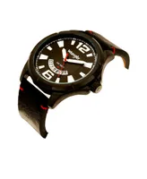 Wrangler Men's Watch, 48MM Ip Black Case, Black Zoned Dial with White Markers and Crescent Cutout , Date Function, Black Strap with Red Accent Stitch