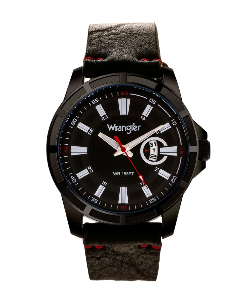 Wrangler Men's Watch, 46MM Ip Black Case with Cutout Bezel, Black Milled Dial with White Index Markers, Analog, Red Second Hand and Cutout Crescent Da