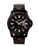 Wrangler Men's Watch, 46MM Ip Black Case with Cutout Bezel, Black Milled Dial with White Index Markers, Analog, Red Second Hand and Cutout Crescent Da