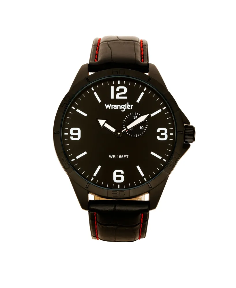 Wrangler Men's Watch, 48MM Ip Titanium Case with Titanium Dial, Second Hand Subdual, Black Strap with Red Stitching