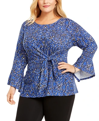 Ny Collection Plus Printed Tie-Waist Bell-Sleeve Top