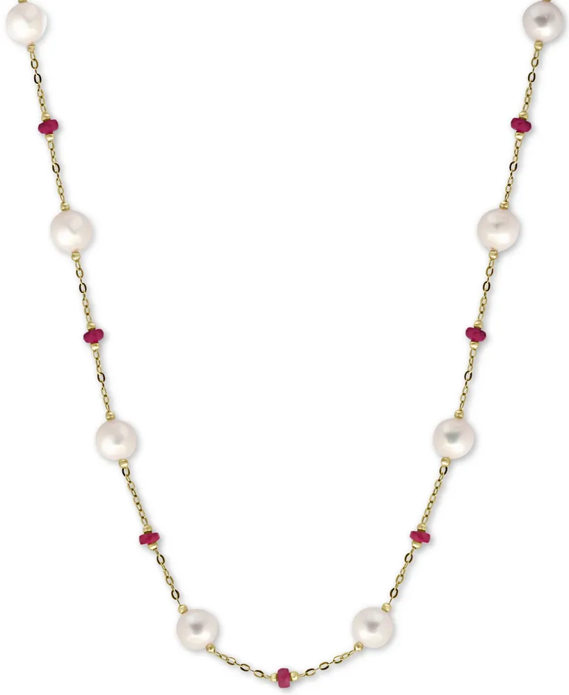 Effy Cultured Freshwater Pearl (8mm) & Ruby (3-1/3 ct. t.w.) 18" Statement Necklace in 14k Gold (Also in Sapphire)