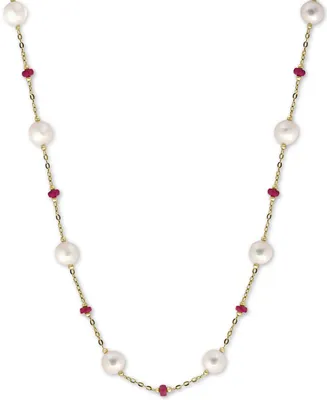 Effy Cultured Freshwater Pearl (8mm) & Ruby (3-1/3 ct. t.w.) 18" Statement Necklace in 14k Gold (Also in Sapphire)