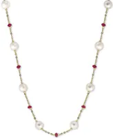 Effy Cultured Freshwater Pearl (8mm) & Ruby (3-1/3 ct. t.w.) 18" Statement Necklace in 14k Gold (Also in Sapphire)