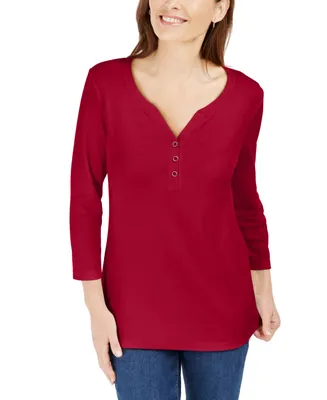 Karen Scott Petite 3/4-Sleeve Henley Shirt, Created for Macy's