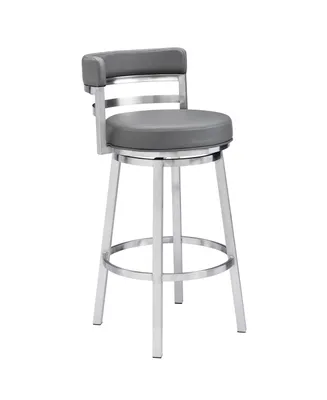 Madrid 30" Bar Height Swivel Gray Artificial leather and Brushed Stainless Steel Bar Stool