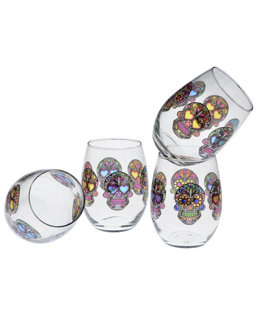 Culver Sugar Skull Stemless Wine Glass 15-Ounce Set of 4