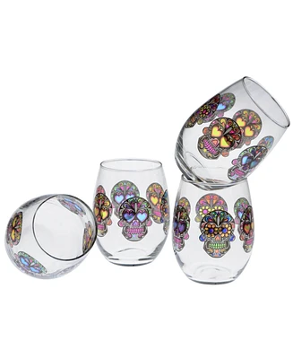 Culver Sugar Skull Stemless Wine Glass 15-Ounce Set of 4