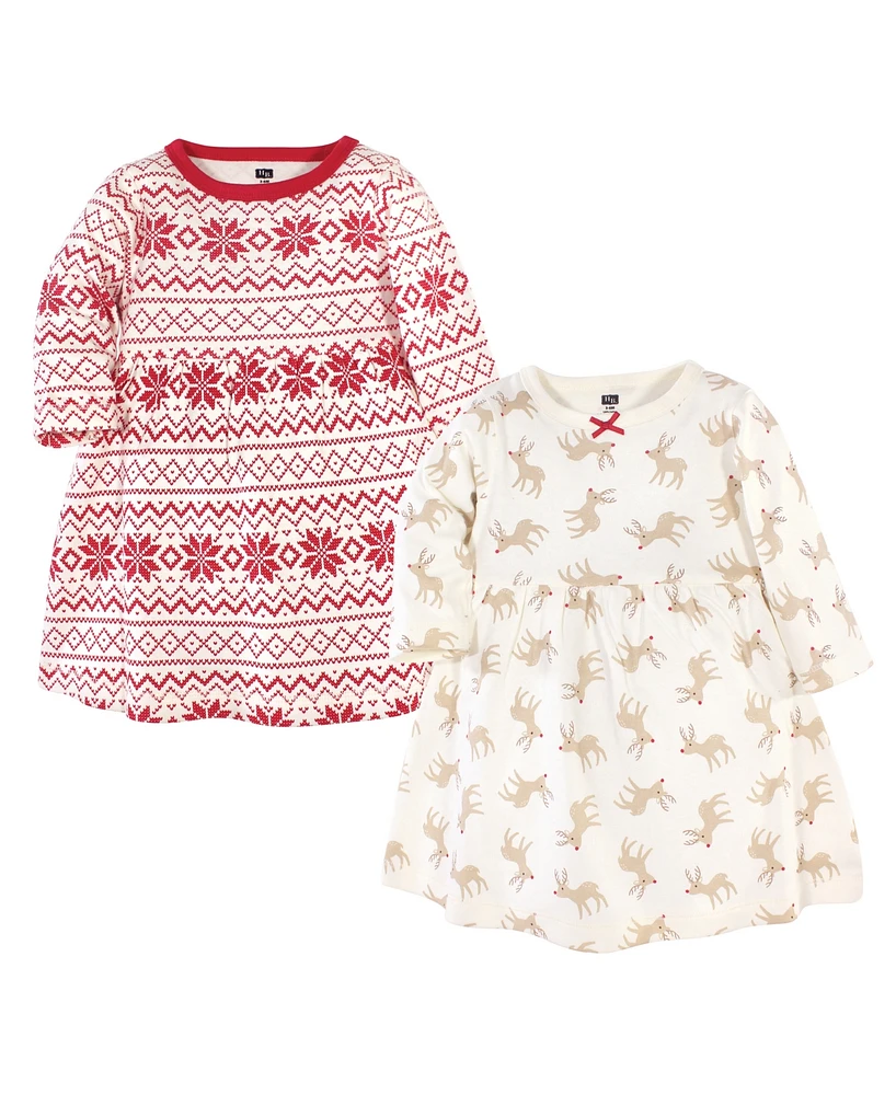 Hudson Baby Girls Long-Sleeve Cotton Dresses 2pk, Reindeer, 0-3 Months