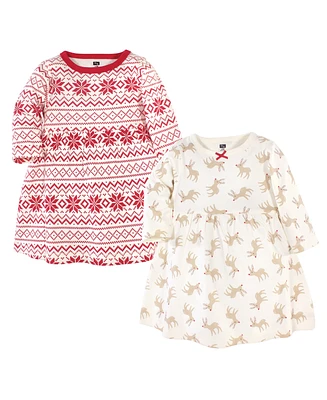 Hudson Baby Girls Long-Sleeve Cotton Dresses 2pk, Reindeer, 0-3 Months