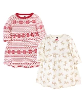 Hudson Baby Girls Long-Sleeve Cotton Dresses 2pk, Reindeer, 0-3 Months