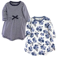 Touched by Nature Baby Girls Cotton Long-Sleeve Dresses 2pk, Navy Floral