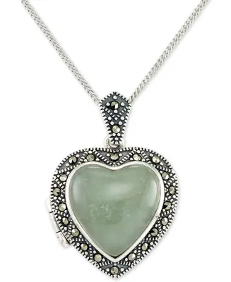 Jade (13mm) & Marcasite Heart Locket 18" Pendant Necklace in Sterling Silver
