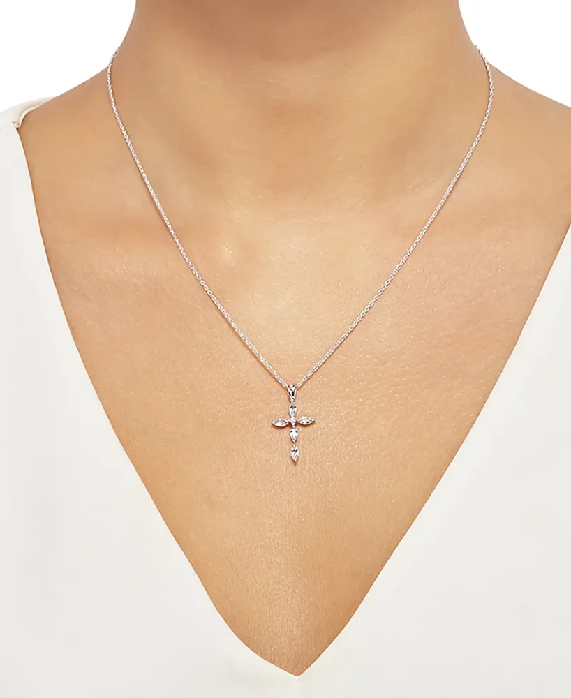 Aquamarine (1/2 ct. t.w.) & Cubic Zirconia 18" Cross Pendant Necklace in Sterling Silver