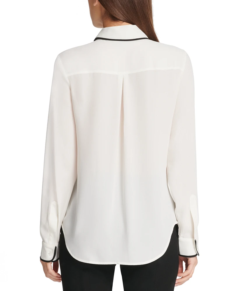 Dkny Petite Piped-Trim Button-Up Blouse, Created for Macy's