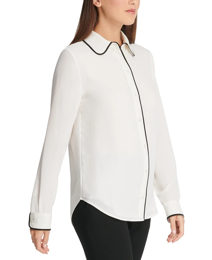 Dkny Petite Piped-Trim Button-Up Blouse, Created for Macy's