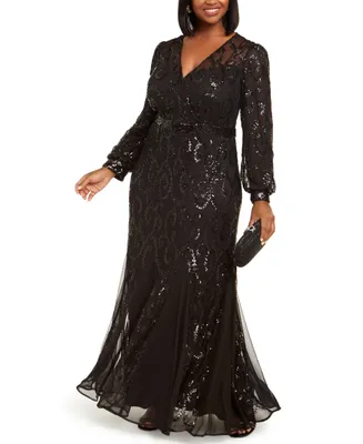 R & M Richards Plus Size Surplice Sequined Gown