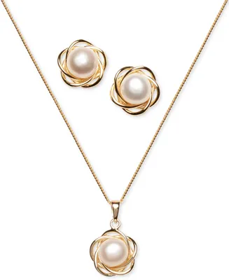 2-Pc. Set Cultured Freshwater Pearl (7mm) Flower Pendant Necklace & Matching Stud Earrings 18k Gold-Plated Sterling Silver or