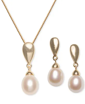 2-Pc. Set Cultured Freshwater Pearl (7 x 9mm) Pendant Necklace & Matching Drop Earrings in 18k Gold-Plated Sterling Silver