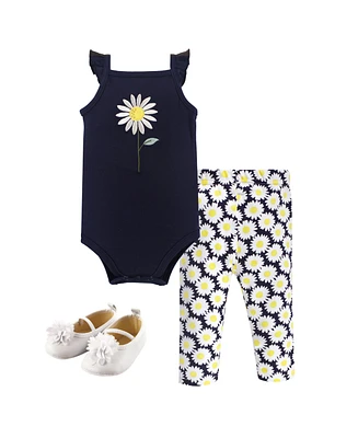 Hudson Baby Girls Cotton Bodysuit, Pant and Shoe 3pc Set, Daisy, 9-12 Months