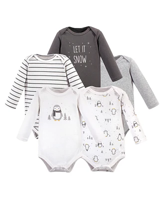 Hudson Baby Boys Cotton Long-Sleeve Bodysuits 5pk, Gray Penguin