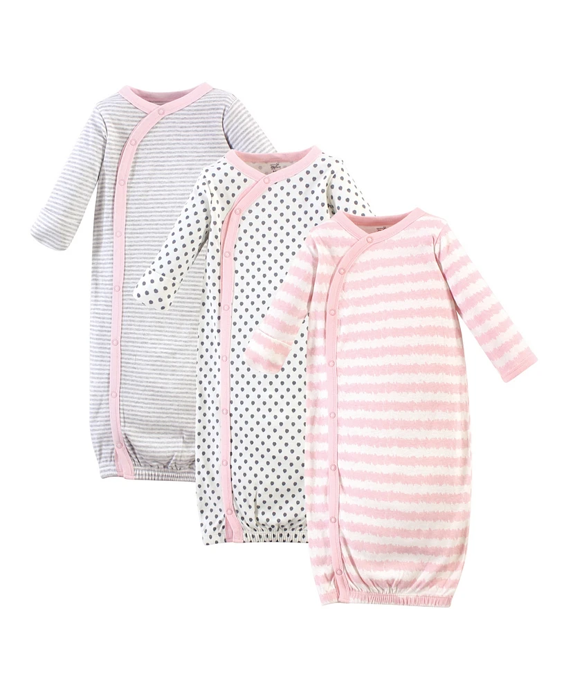 Touched by Nature Baby Girls Organic Cotton Side-Closure Snap Long-Sleeve Gowns 3pk, Pink Gray Scribble, Preemie