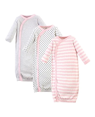 Touched by Nature Baby Girls Organic Cotton Side-Closure Snap Long-Sleeve Gowns 3pk, Pink Gray Scribble, Preemie