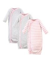 Touched by Nature Baby Girls Organic Cotton Side-Closure Snap Long-Sleeve Gowns 3pk, Pink Gray Scribble, Preemie